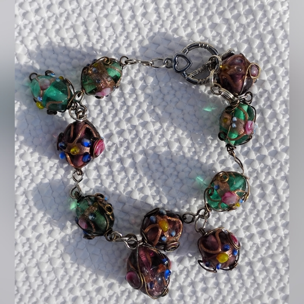 Vintage Colorful Beaded Bracelet with Heart Toogle Clasp